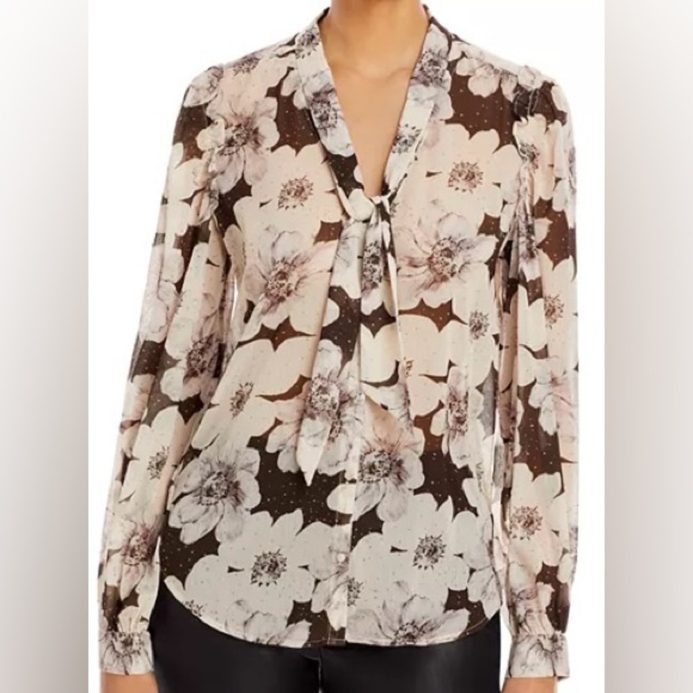 PAIGE Floral Tie-Neck Blouse in Cream and Brown